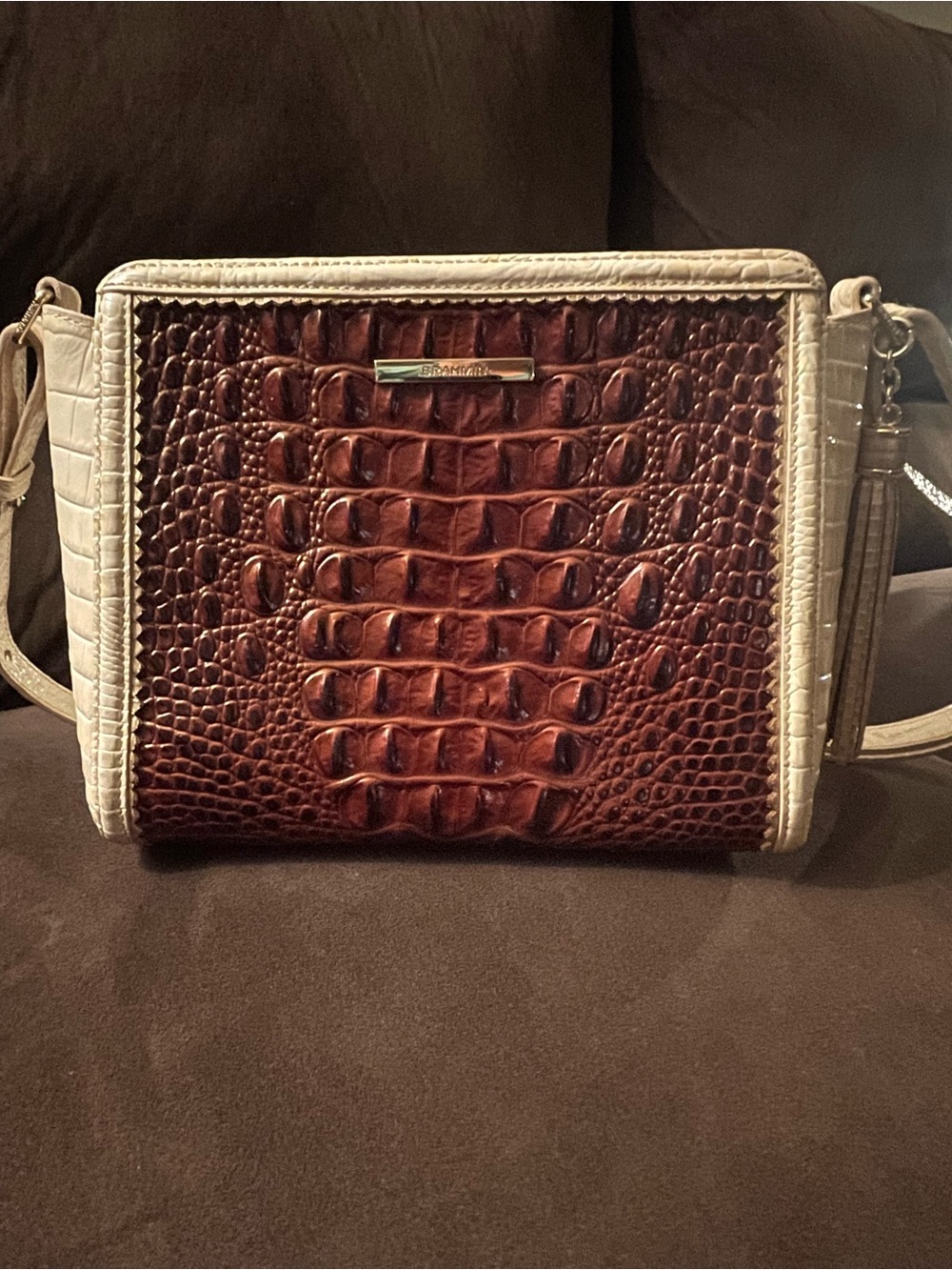 Brahmin Brown Croc-Embossed Crossbody with Cream Trim